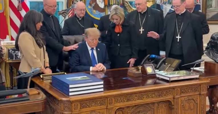 Following footage of them praying over Trump in the Oval Office, Catholic bishops issued an apology.